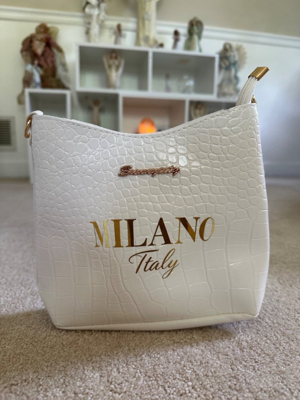 Sunnycity Milano Italy White Faux Croc Shoulder Bag With Gold Accents - Picture 6 of 16